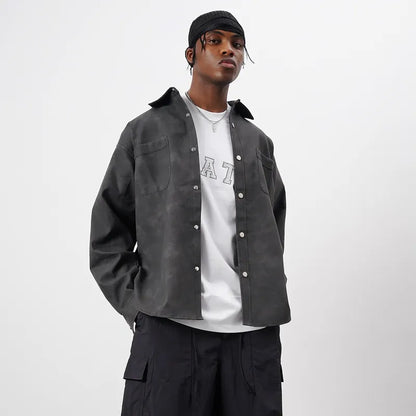 Men's Retro Street Style Washed-out PU Leather Long Sleeved Button-up Shirt - ChoreGirl