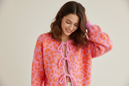 Leopard Print Cardigan - Vintage Round Neck Tie-Up Knit