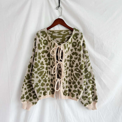 Women's Vintage Look Round Neck Leopard Print Knitted Cardigan with Tie-up Closure