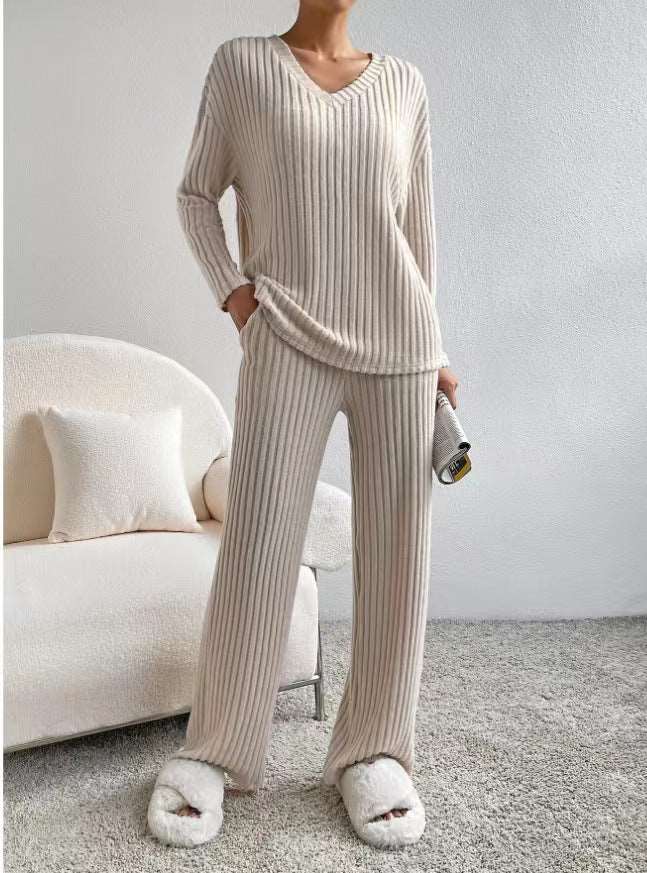 Women's Knitted Straight Leg Pants and Loose V-neck Shirt Two-Piece Outfit Set - ChoreGirl
