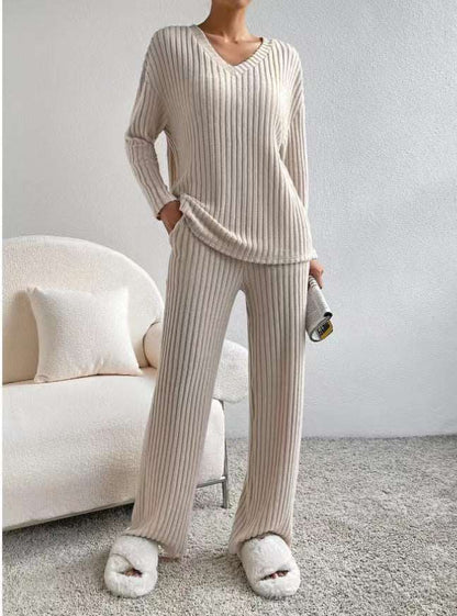 Women's Knitted Straight Leg Pants and Loose V-neck Shirt Two-Piece Outfit Set - ChoreGirl