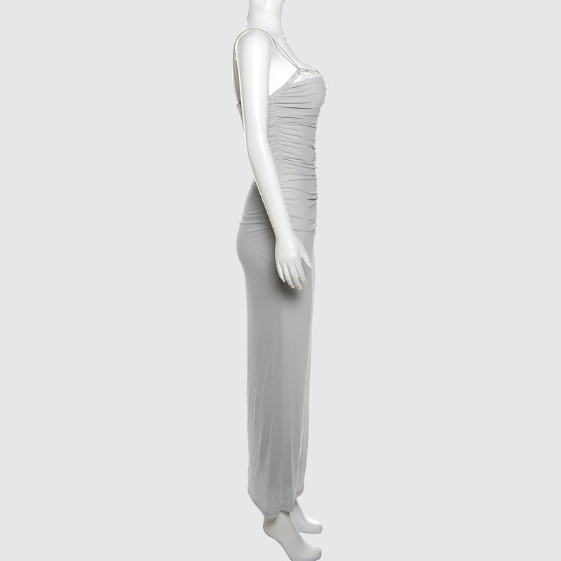 Women's Lace Edge Neckline Tight Mesh See-through Long Dress - ChoreGirl