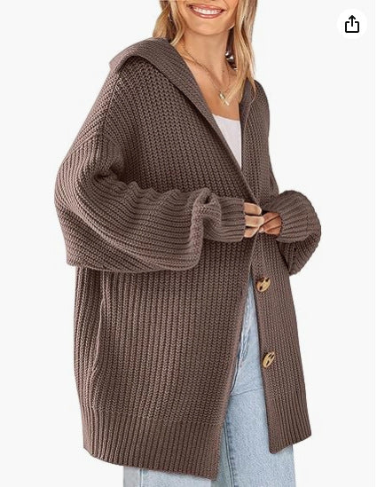 Women's Mid-length Lapel Collar Knitted Button-up Cardigan Jacket - ChoreGirl