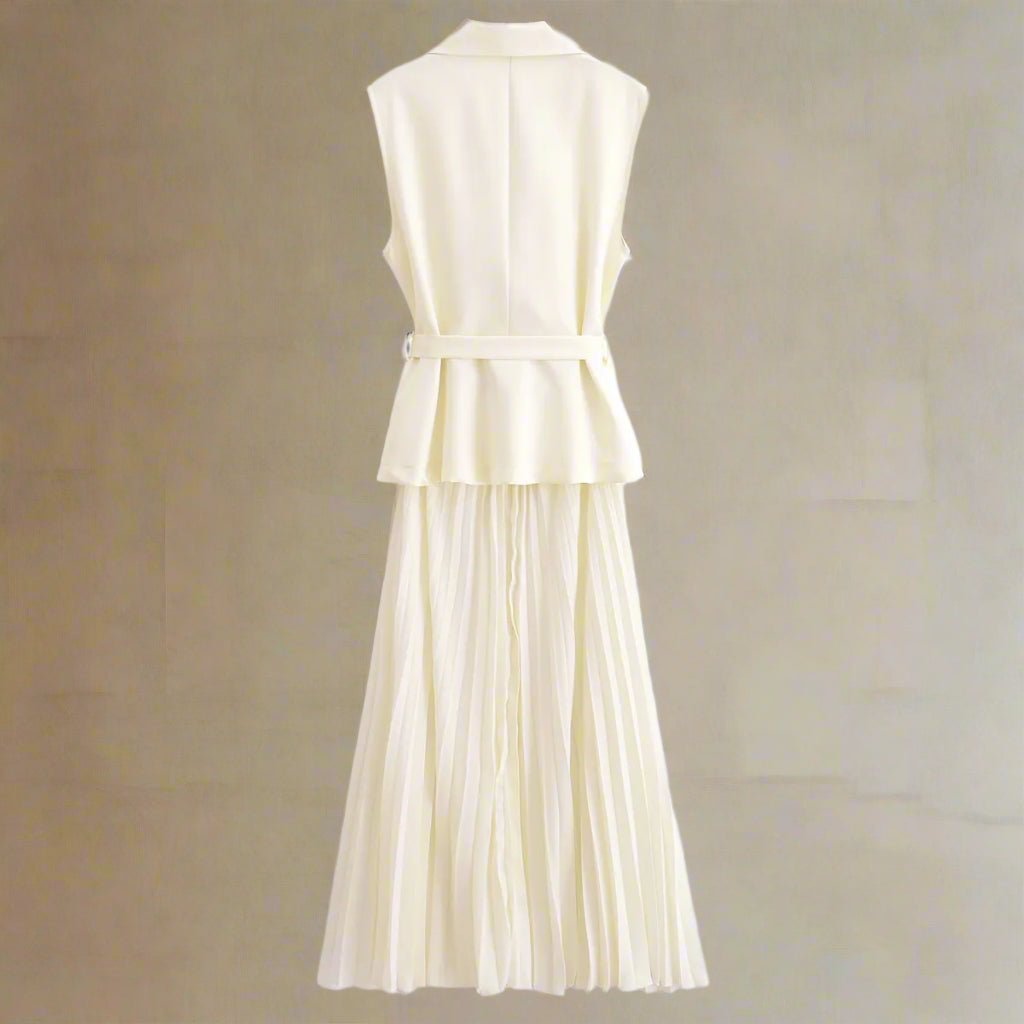 Women's Fashion-forward Double Breasted Vest and Pleated Skirt Dress with Belt - ChoreGirl