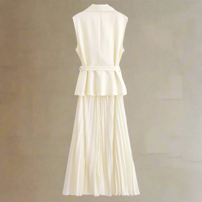 Women's Fashion-forward Double Breasted Vest and Pleated Skirt Dress with Belt - ChoreGirl