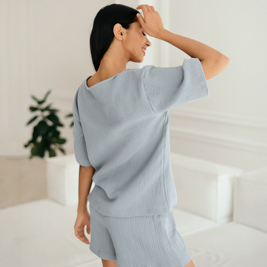 Women's Loose Double-layer Gauze Short-sleeved Shirt and Shorts Two-piece Pajamas Set - ChoreGirl