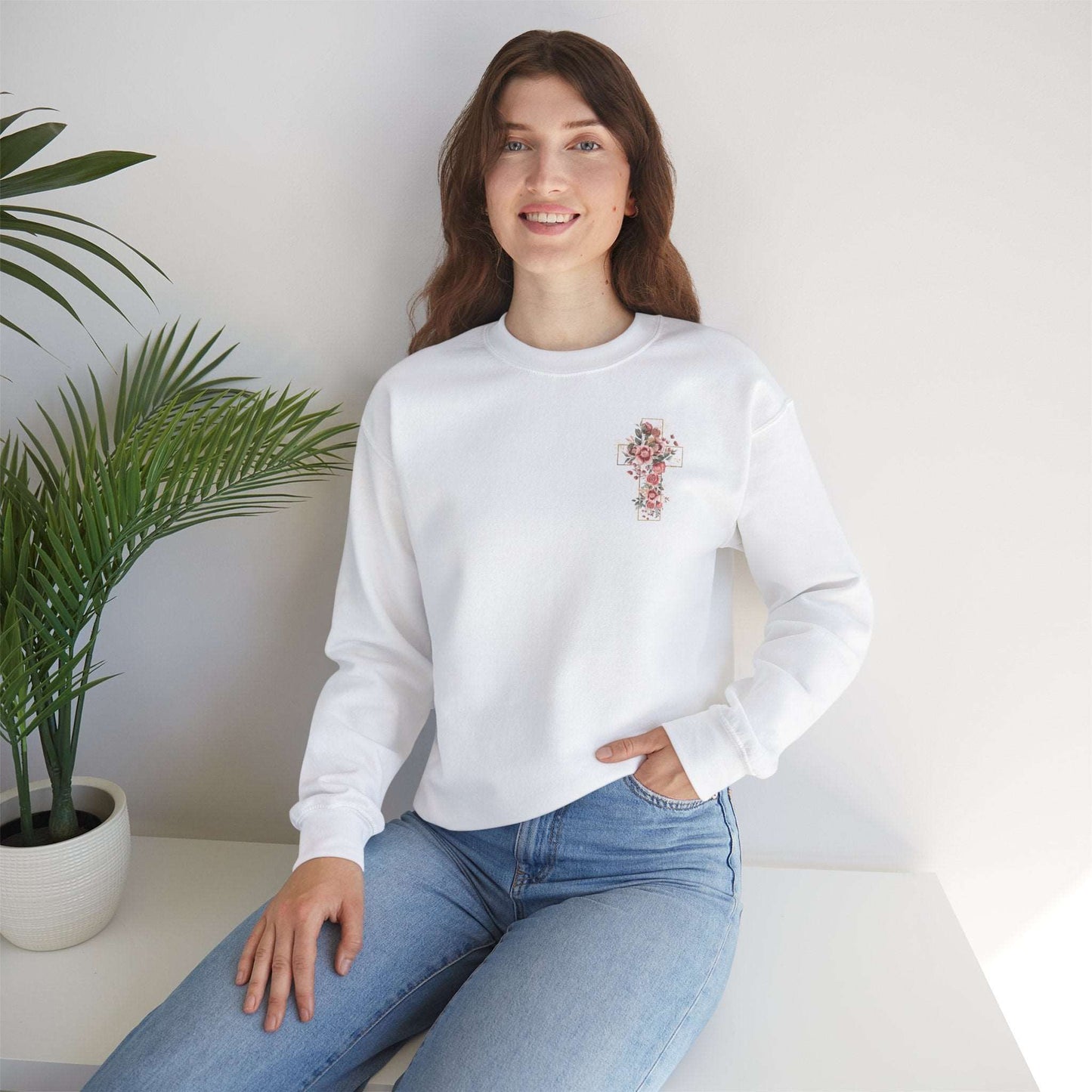 Custom Unisex Blooming Flower Cross Heavy Blend Crewneck Sweatshirt | PERSONALIZED - ChoreGirl