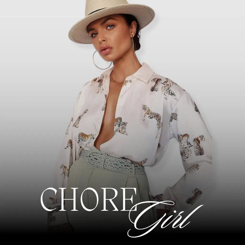 Woman wearing a floral blouse and hat with 'Chore Girl' text overlay