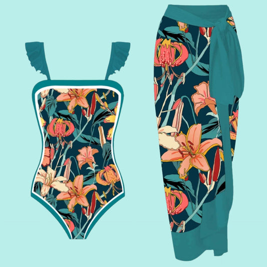 Women's One-piece Swimming Suit and Cover-up Scarf Two-piece Swimwear Set - ChoreGirl
