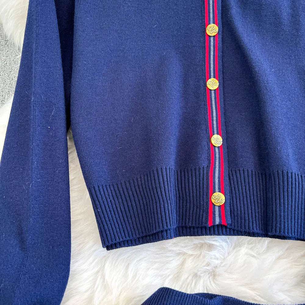 Women's Casual Back to School V-neck Knitted Cardigan and Pleated Skirt Two-piece Outfit Set