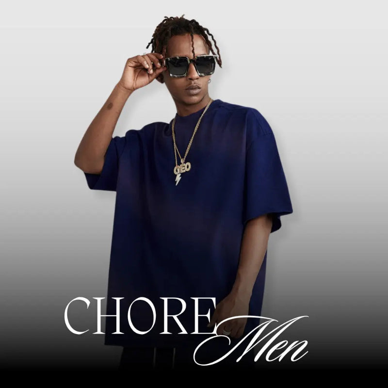 Person wearing sunglasses and a navy blue shirt with 'CHORE Men' branding.
