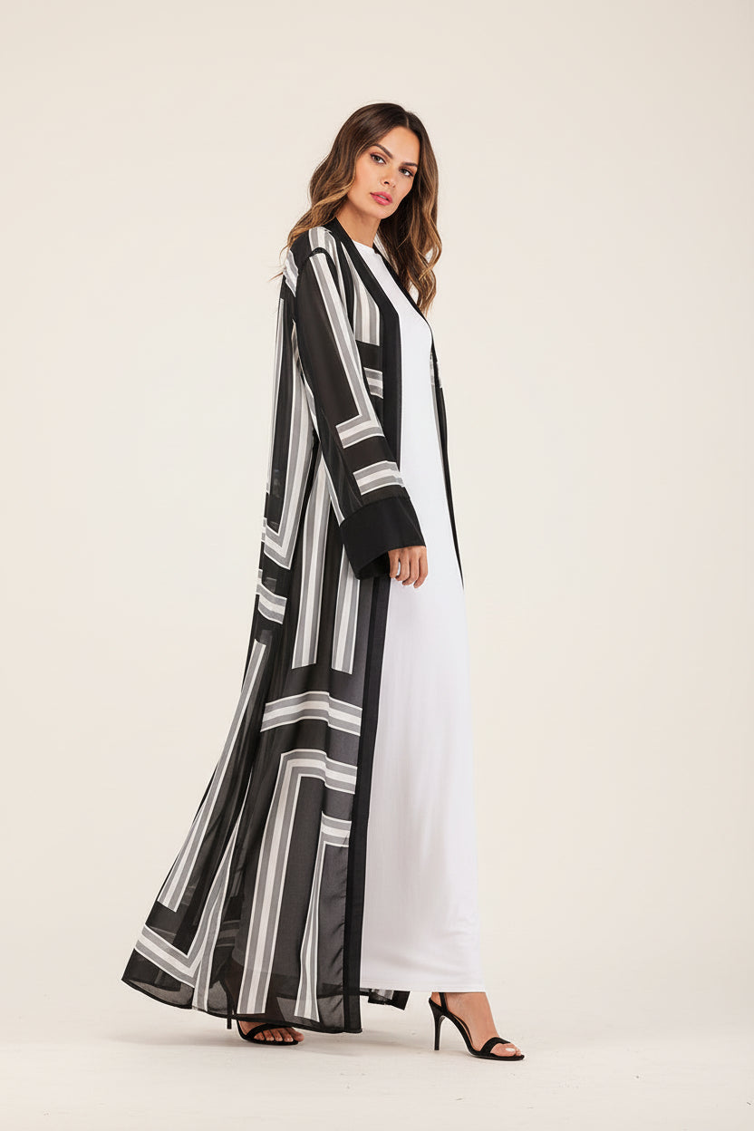 Elegant Striped Loose Lace Long Robe with Belt - Women
