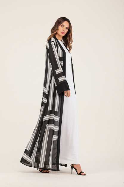 Elegant Striped Loose Lace Long Robe with Belt - Women