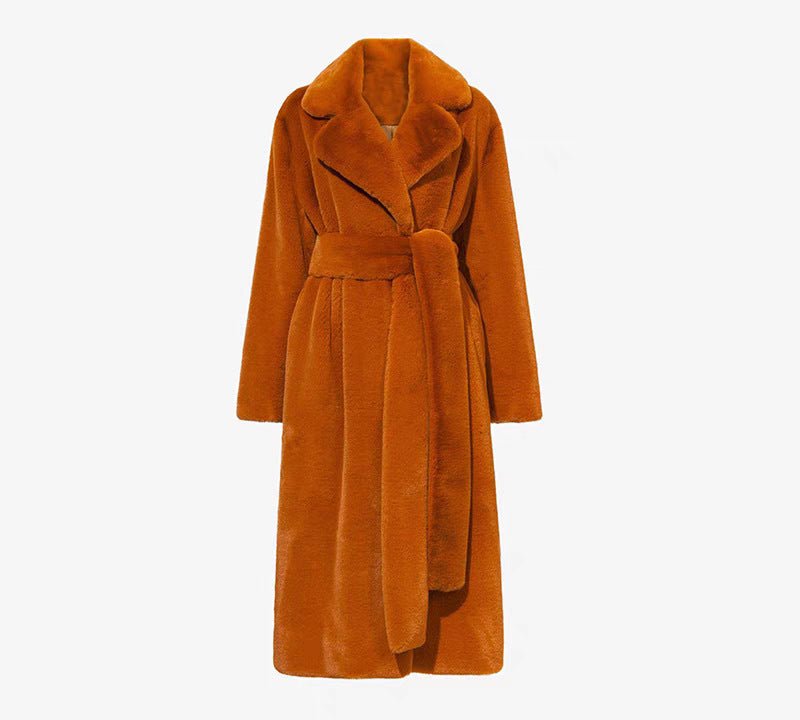 Women's Long Faux Fur Coat with Belt
