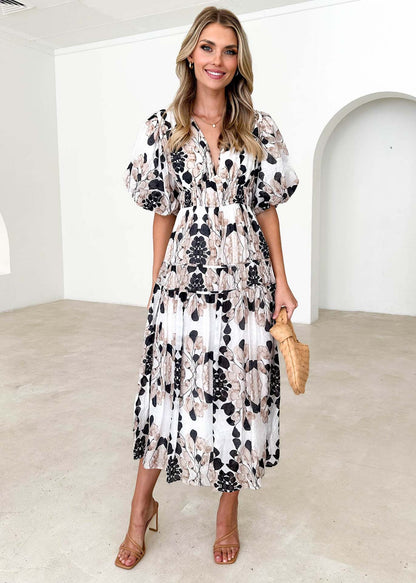 Women's Colorful Printed V-neck Puff Sleeve Dress - ChoreGirl