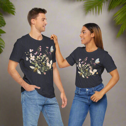 Unisex Vintage Wild Flower and Bee Jersey Short Sleeve Tee - ChoreGirl