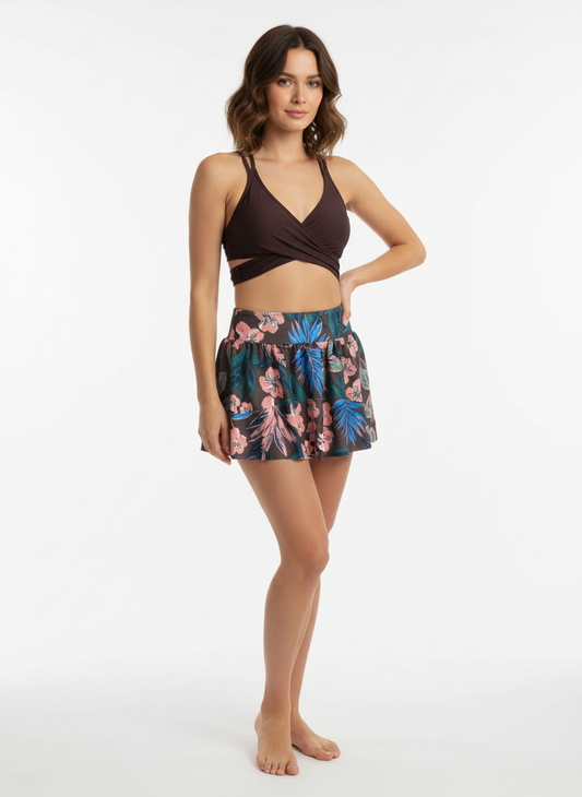 Dreiteiliges Set aus Badehose, Baderock und rückenfreiem Oberteil für Damen mit Blumendruck und hoher Taille