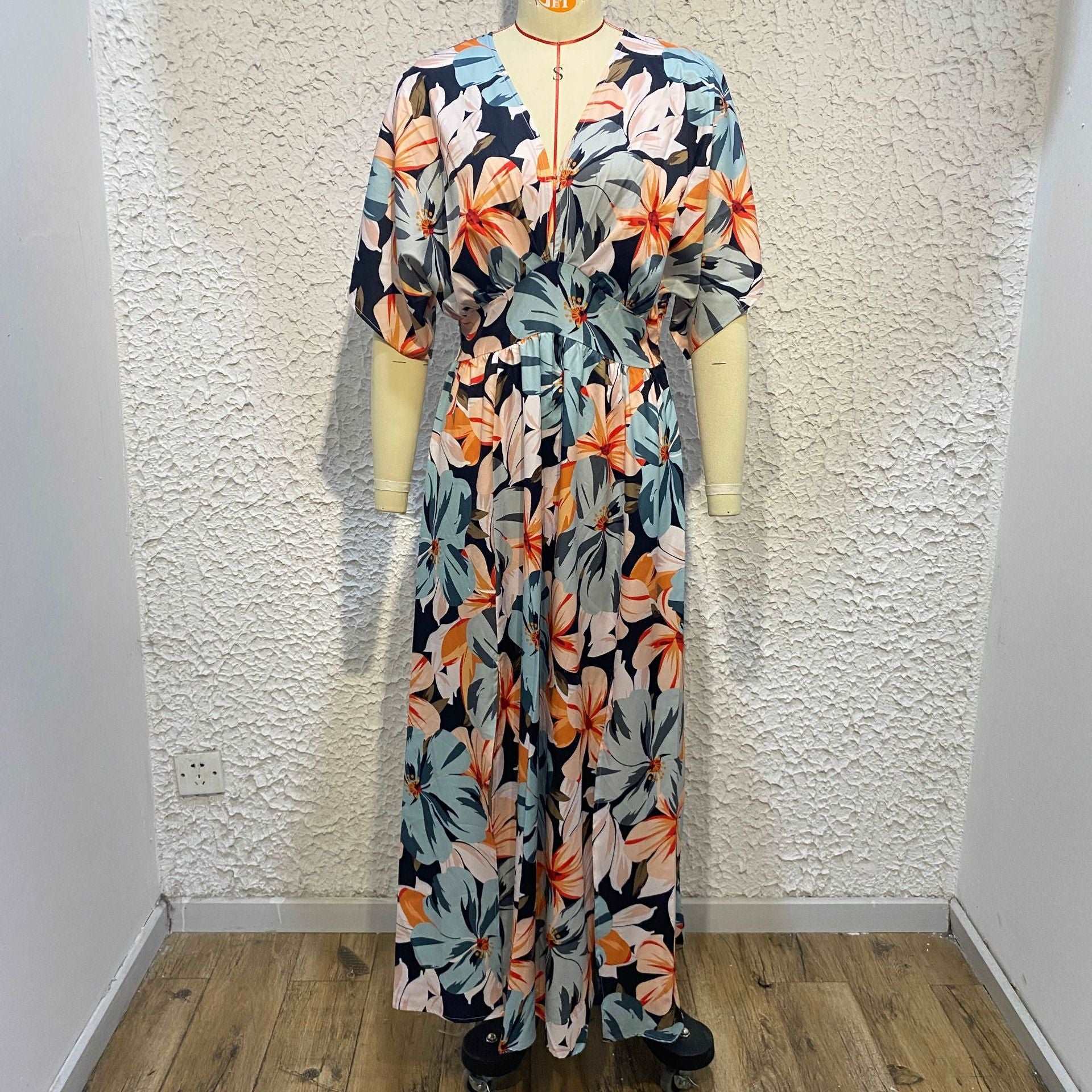 Women's Colorful Print Deep V-neck Split Dress - ChoreGirl