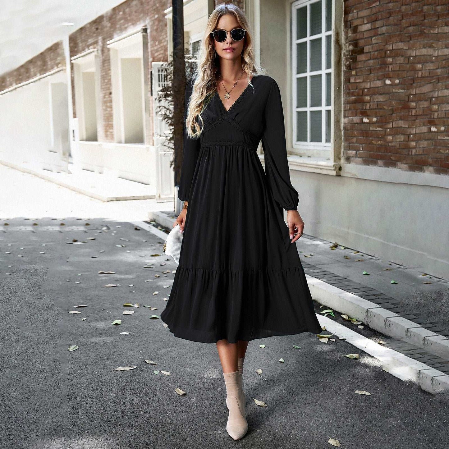 Women's Elegant Long V-neck Dress - ChoreGirl