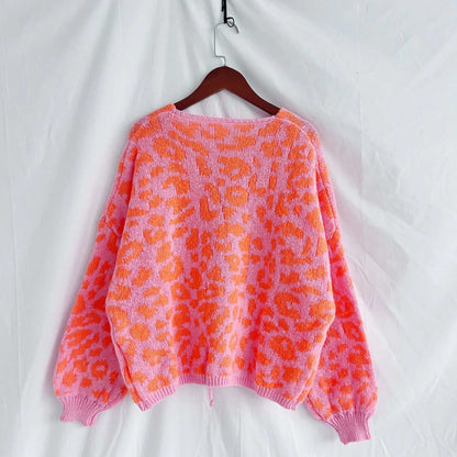 Women's Vintage Look Round Neck Leopard Print Knitted Cardigan with Tie-up Closure