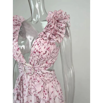 Women's Floral Pattern Ruffled Deep V-Neck Backless Dress - ChoreGirl