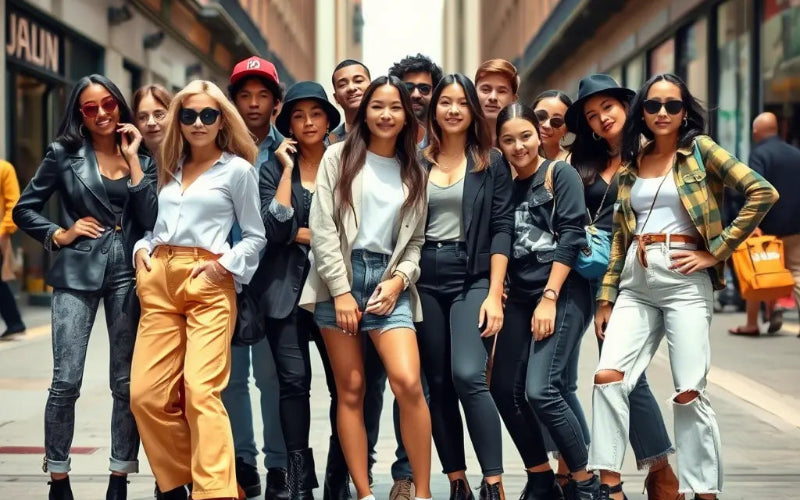 Group of people posing together on a city street