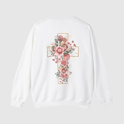 Custom Unisex Blooming Flower Cross Heavy Blend Crewneck Sweatshirt | PERSONALIZED - ChoreGirl