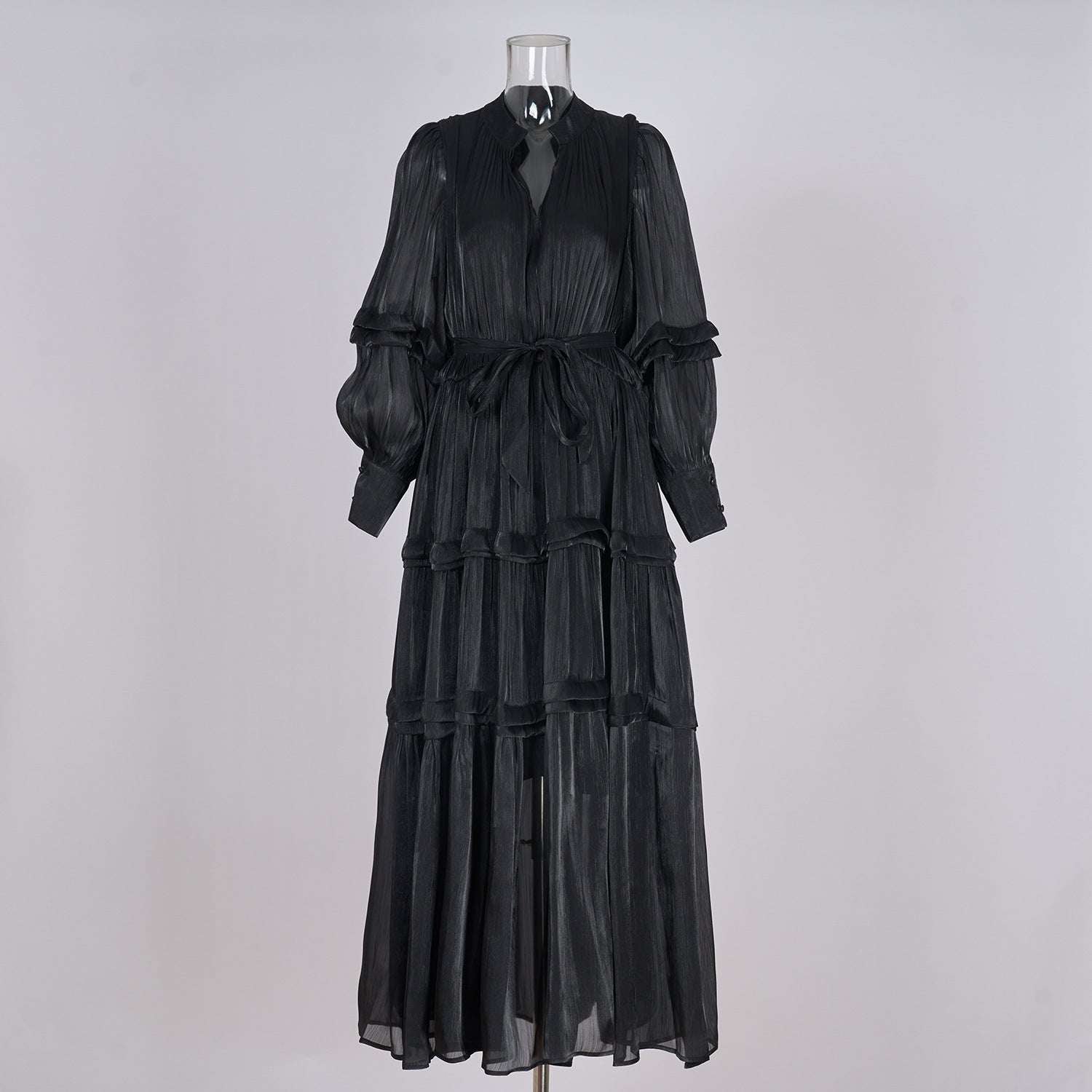 Women's V-neck Lantern Sleeve Fitted Waist Pleated Long Silk Dress with Belt