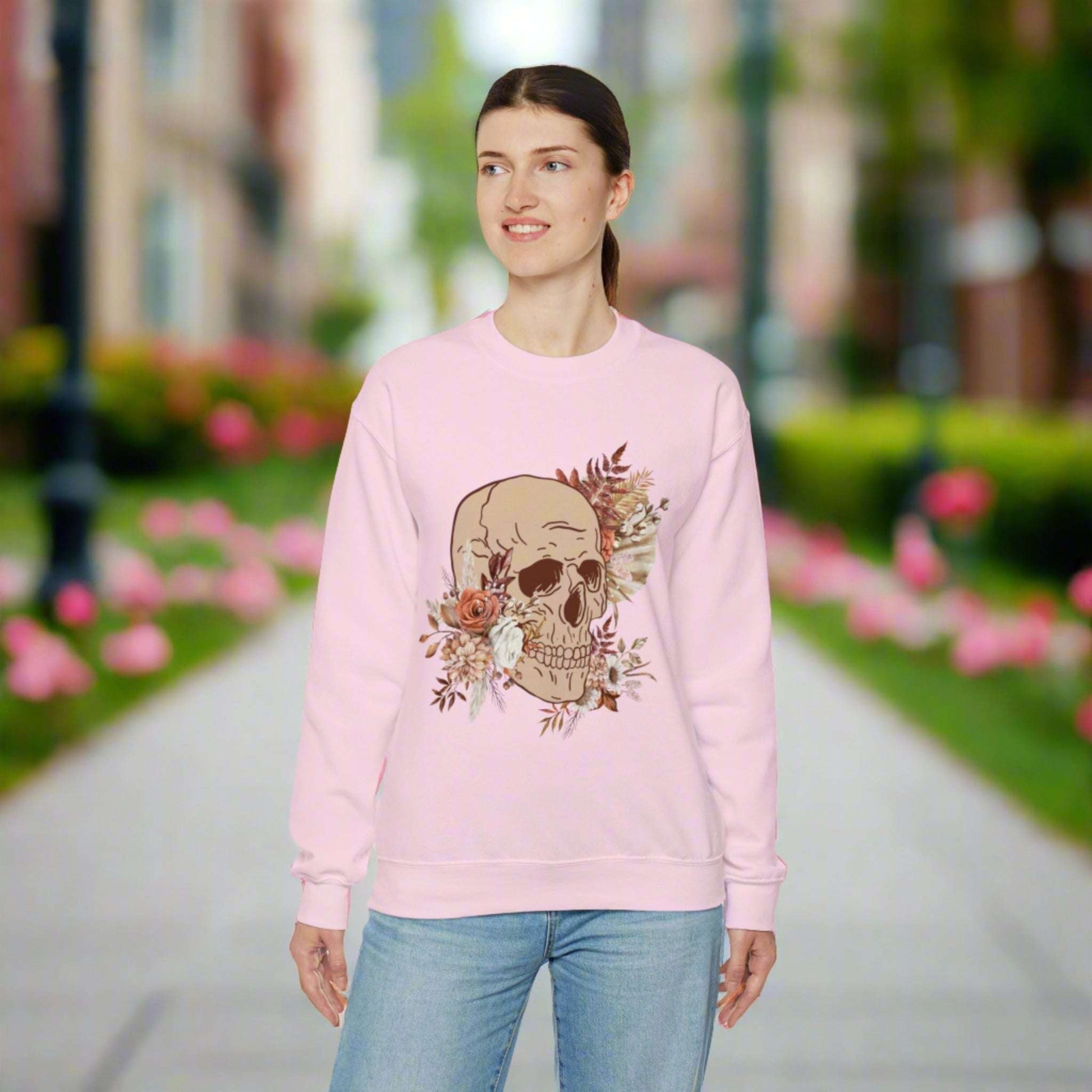 Custom Unisex Vintage Skull and Flower Heavy Blend Crewneck Sweatshirt | PERSONALIZED - ChoreGirl