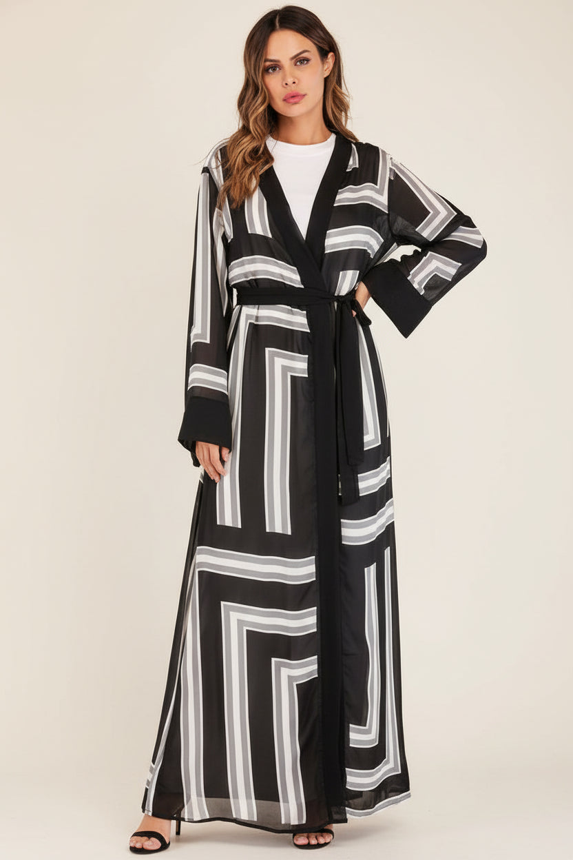 Elegant Striped Loose Lace Long Robe with Belt - Women