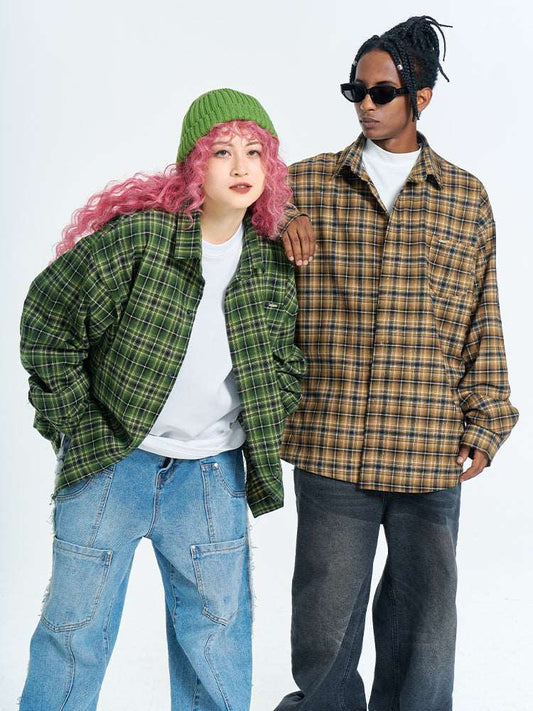 Unisex Retro Plaid Long Sleeve Button Up Shirt - ChoreGirl