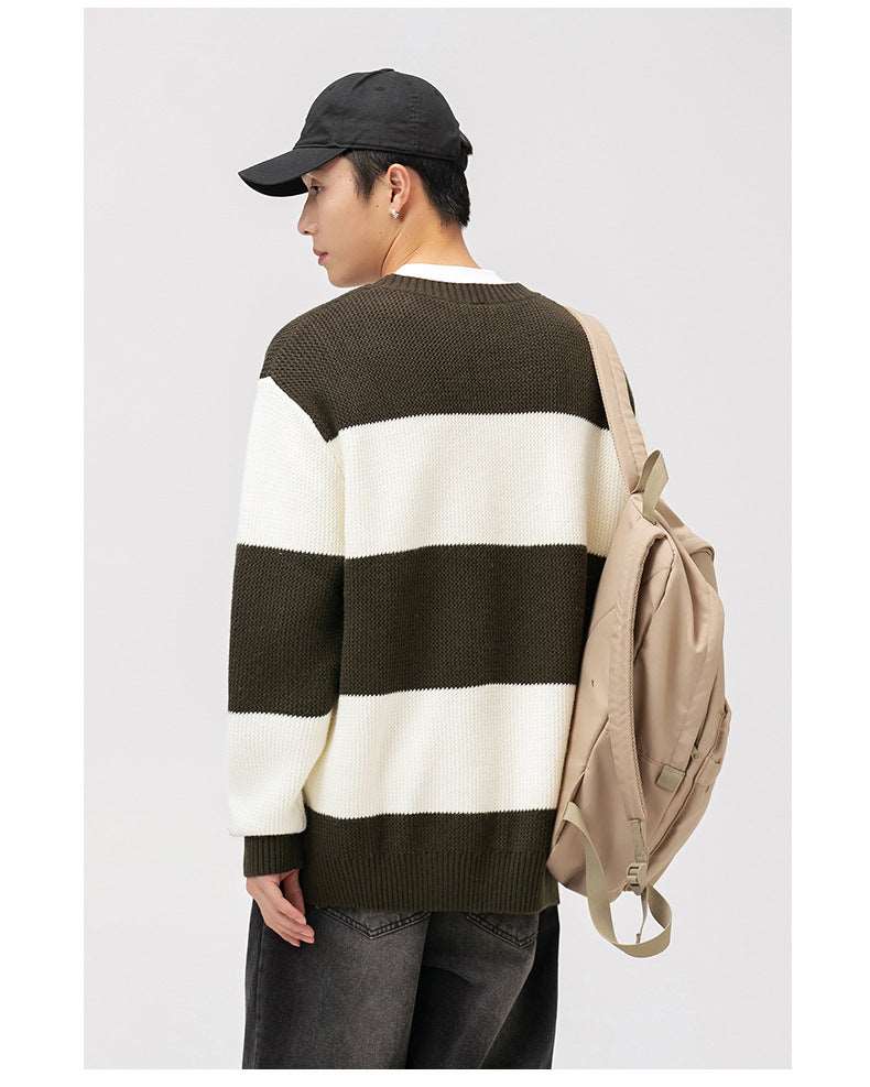 Couples Matching Loose Round Neck Striped Knitted Sweater - ChoreGirl