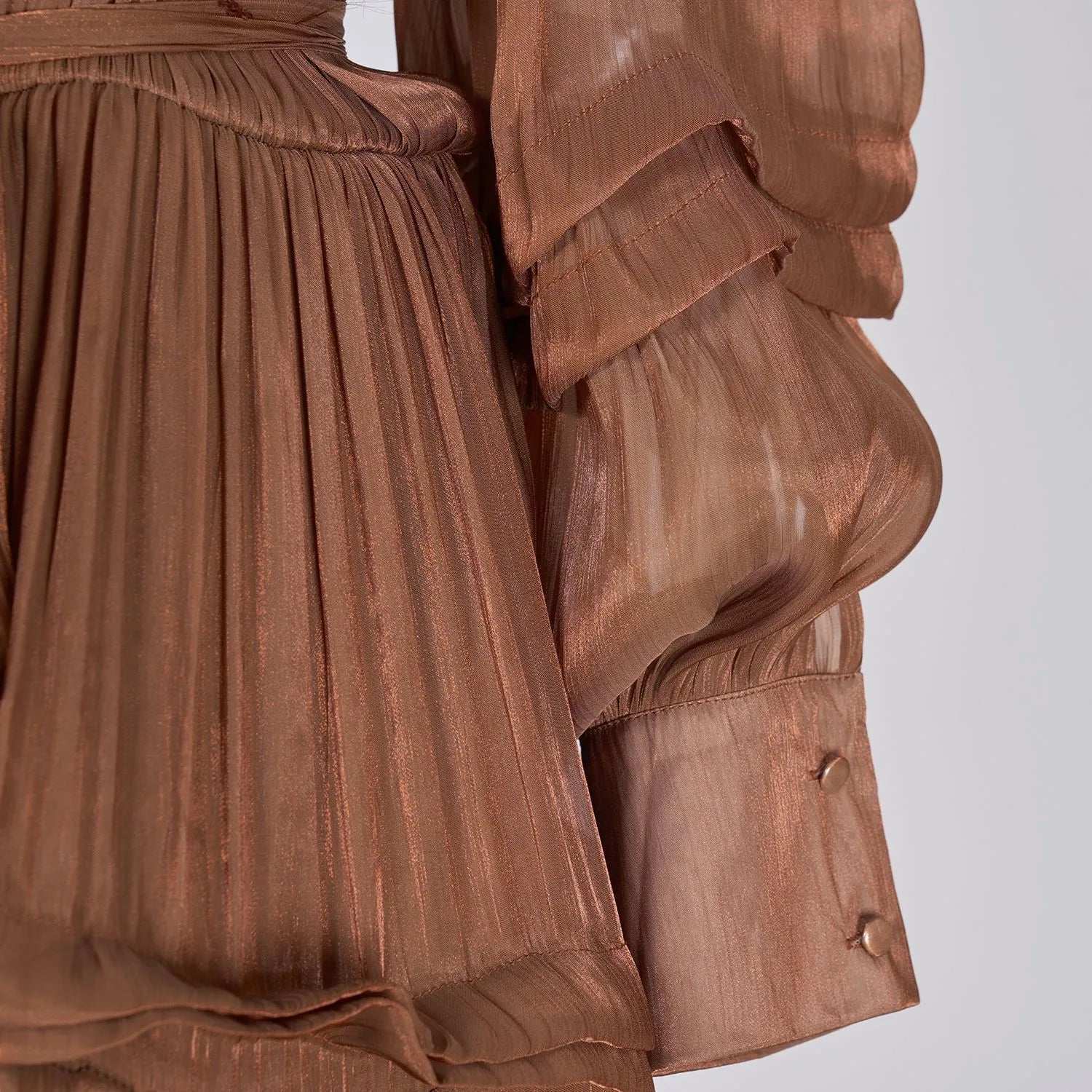 Women's V-neck Lantern Sleeve Fitted Waist Pleated Long Silk Dress with Belt