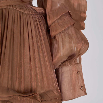 Women's V-neck Lantern Sleeve Fitted Waist Pleated Long Silk Dress with Belt
