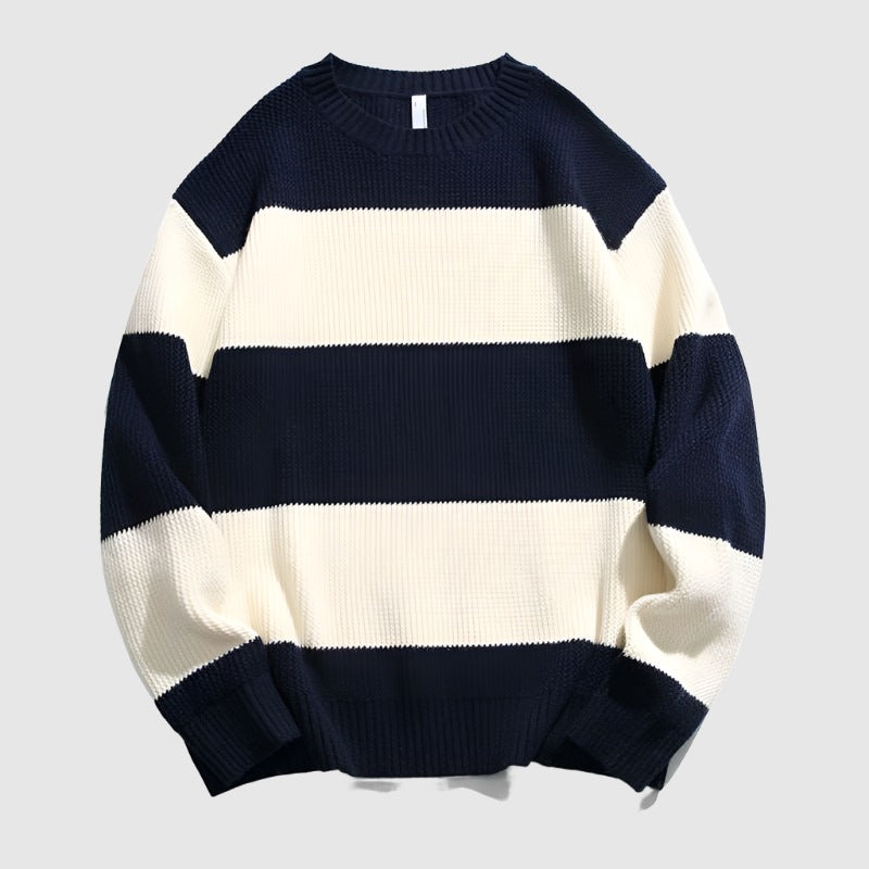 Couples Matching Loose Round Neck Striped Knitted Sweater - ChoreGirl