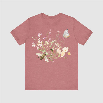 Unisex Vintage Wild Flower and Bee Jersey Short Sleeve Tee - ChoreGirl