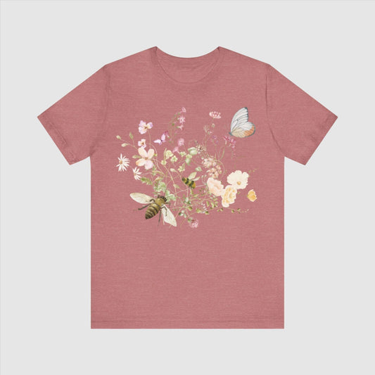 Unisex Vintage Wild Flower and Bee Jersey Short Sleeve Tee - ChoreGirl