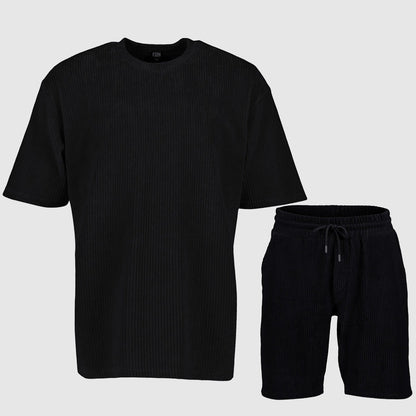 Men's Loose Solid Color Sports and Leisure Striped Short Sleeved T-Shirt and Shorts Outfit Set - ChoreGirl