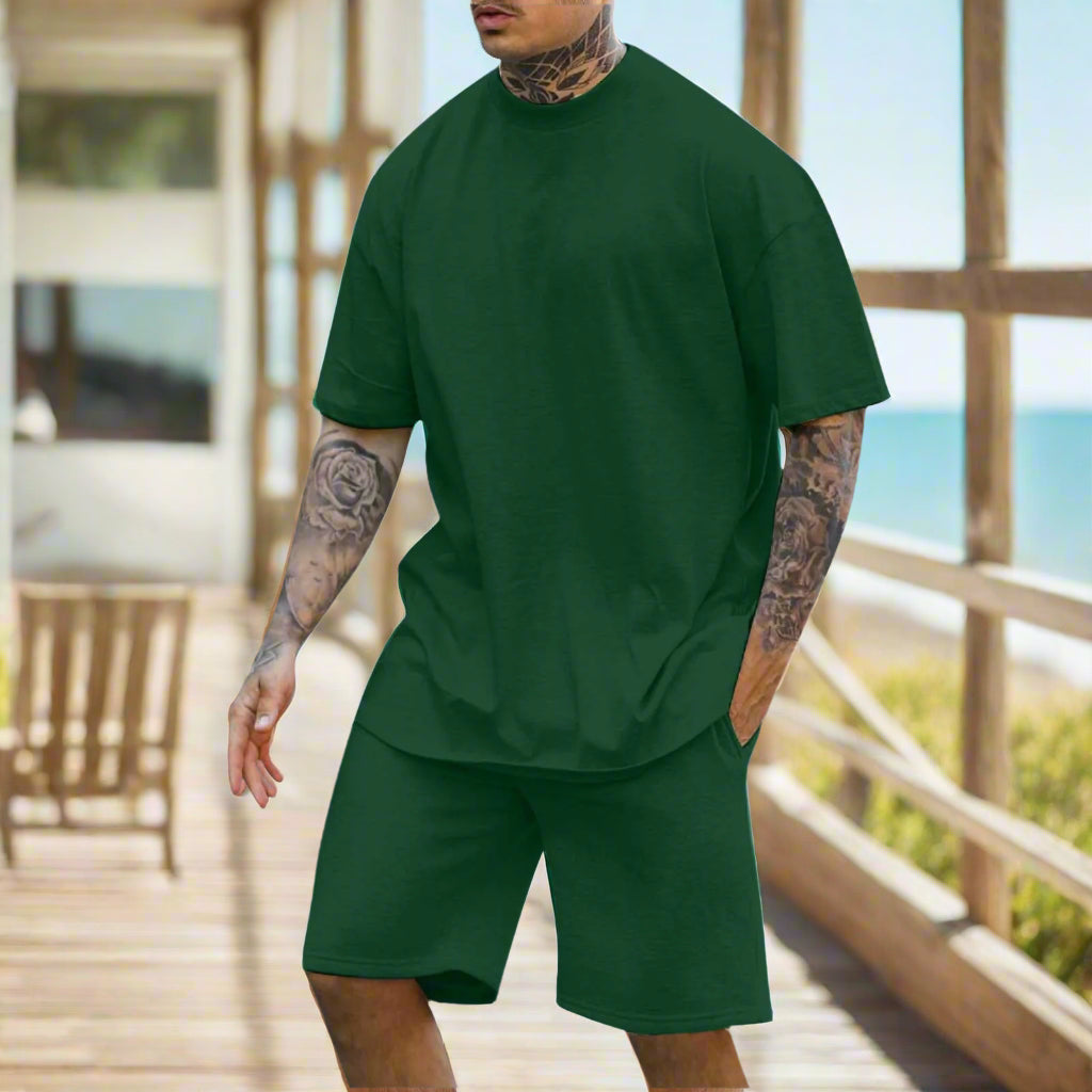 Men's Casual Comfortable Round Neck Drop Shoulder Short Sleeved T-shirt and Shorts Two-piece Outfit Set - ChoreGirl