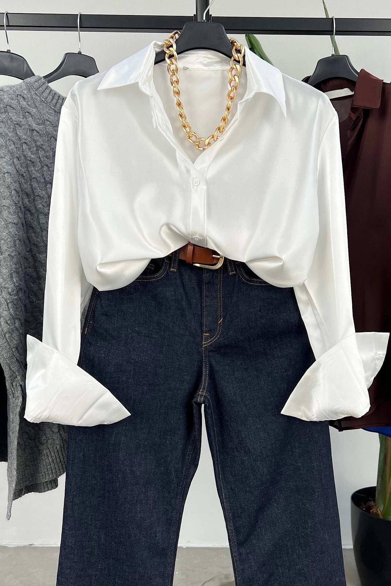 Women's Casual Shining Silk Long Sleeve Button-up Shirt