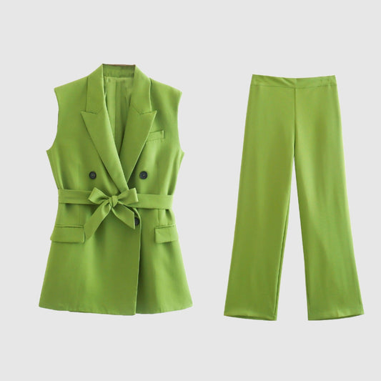 Women's Elegant Suit Vest with Belt and High-waisted Pants Outfit Set - ChoreGirl