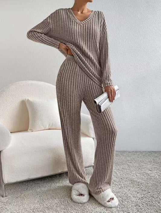Women's Knitted Straight Leg Pants and Loose V-neck Shirt Two-Piece Outfit Set - ChoreGirl