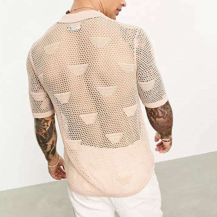 Men's Solid Color Loose Mesh Hollow Cut-Out Button-up Shirt - ChoreGirl