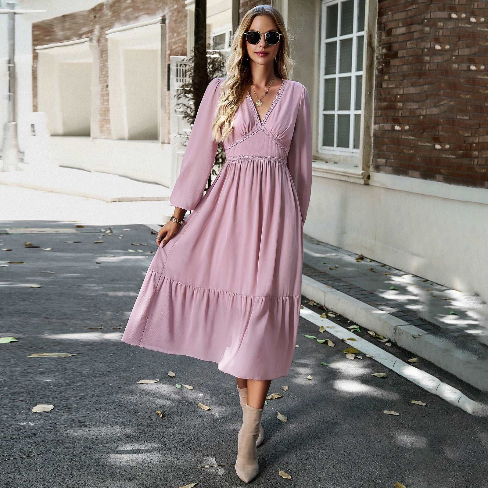 Women's Elegant Long V-neck Dress - ChoreGirl