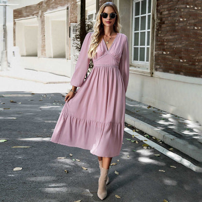 Women's Elegant Long V-neck Dress - ChoreGirl