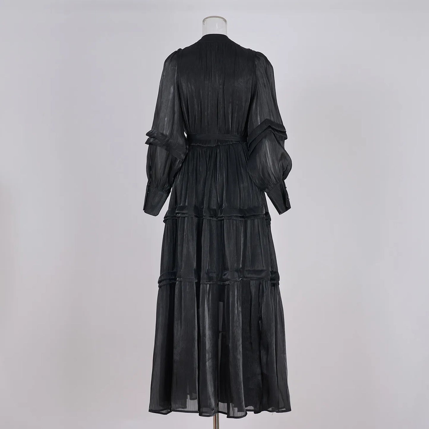 Women's V-neck Lantern Sleeve Fitted Waist Pleated Long Silk Dress with Belt - ChoreGirl