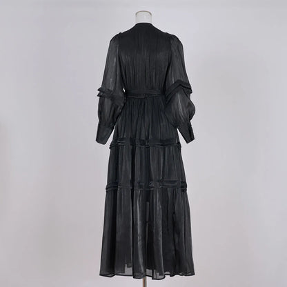 Women's V-neck Lantern Sleeve Fitted Waist Pleated Long Silk Dress with Belt - ChoreGirl