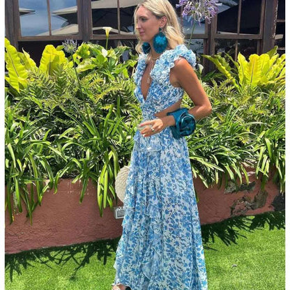 Women's Floral Pattern Ruffled Deep V-Neck Backless Dress - ChoreGirl