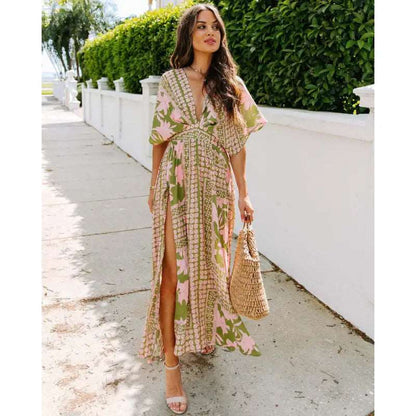 Women's Colorful Print Deep V-neck Split Dress - ChoreGirl