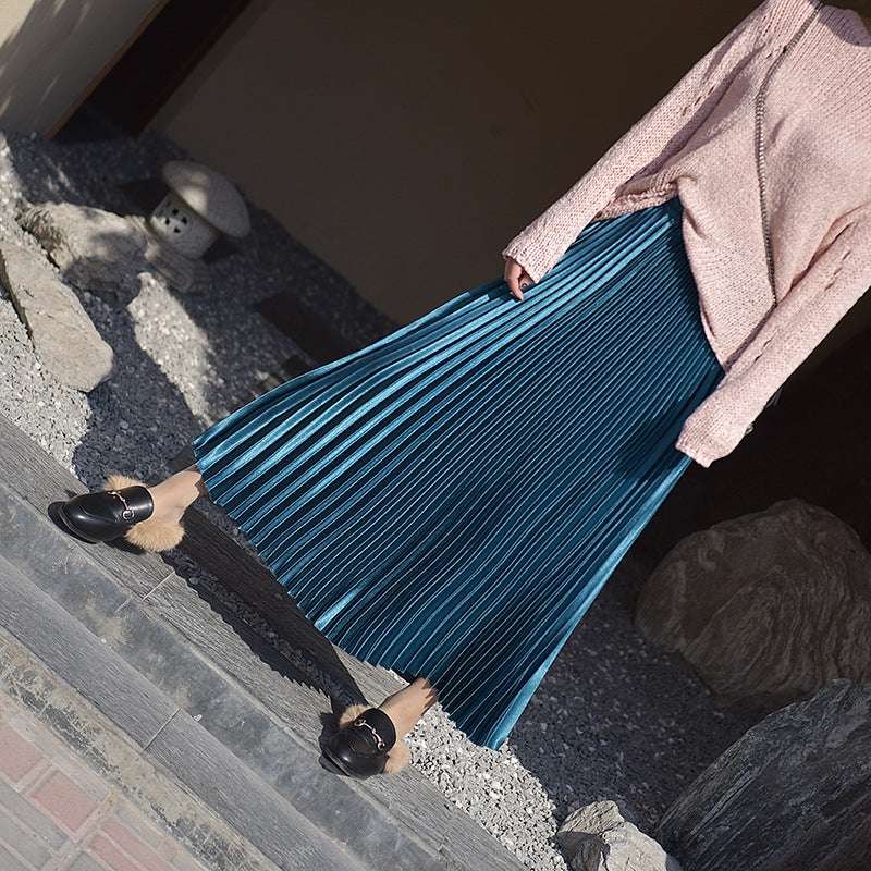 Women's Retro Fashion High Waist Pleated Long Skirt